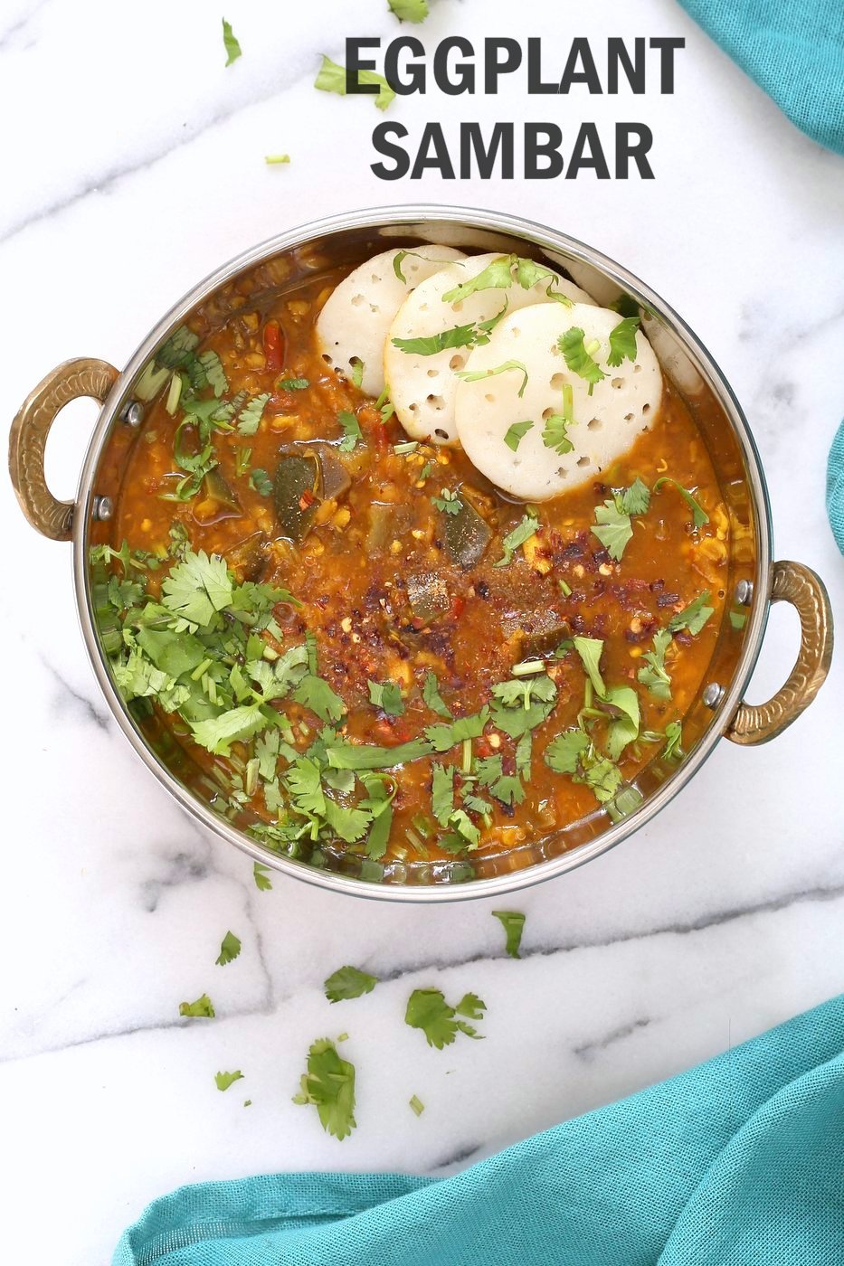 Eggplant Sambar Recipe - Indian Yellow Lentil Tamarind Dal. Toor Dal Sambar with Eggplant or other seasonal veggies. Instant Pot or Saucepan Vegan Gluten-free Soy-free Nut-free Recipe | VeganRicha.com