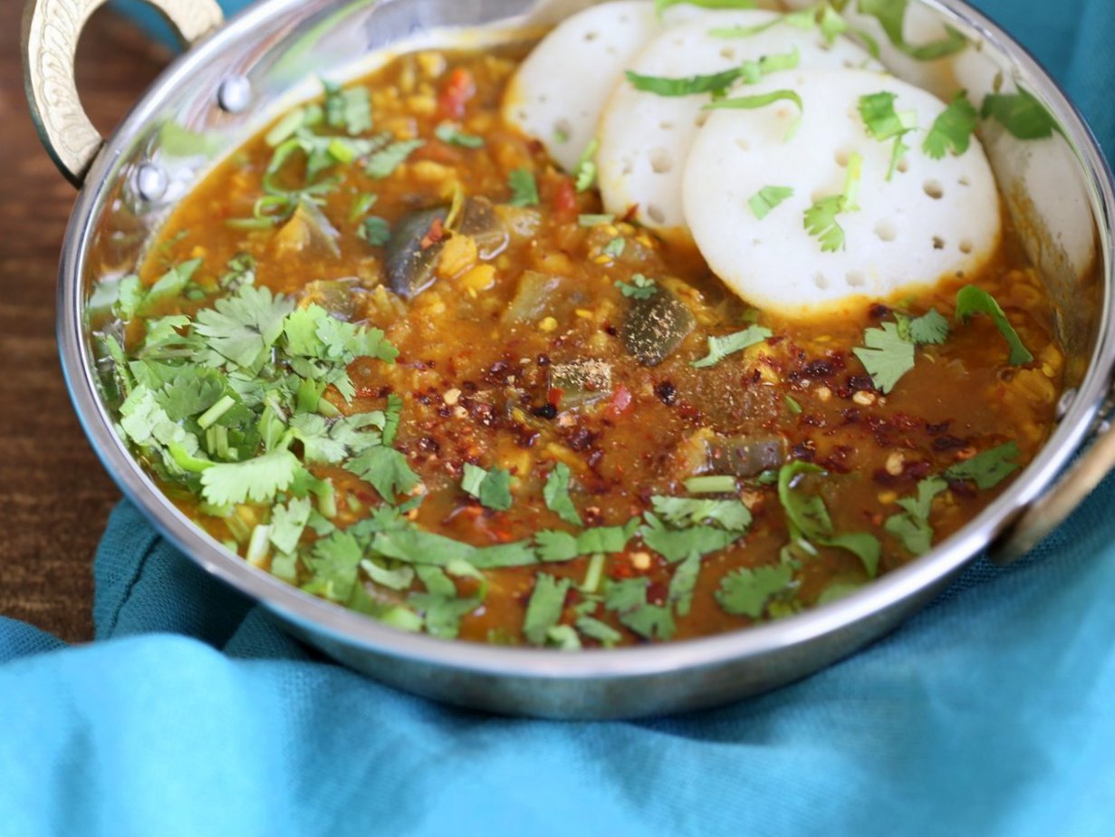 Eggplant Sambar Recipe - Indian Yellow Lentil Tamarind Dal. Toor Dal Sambar with Eggplant or other seasonal veggies. Instant Pot or Saucepan Vegan Gluten-free Soy-free Nut-free Recipe | VeganRicha.com