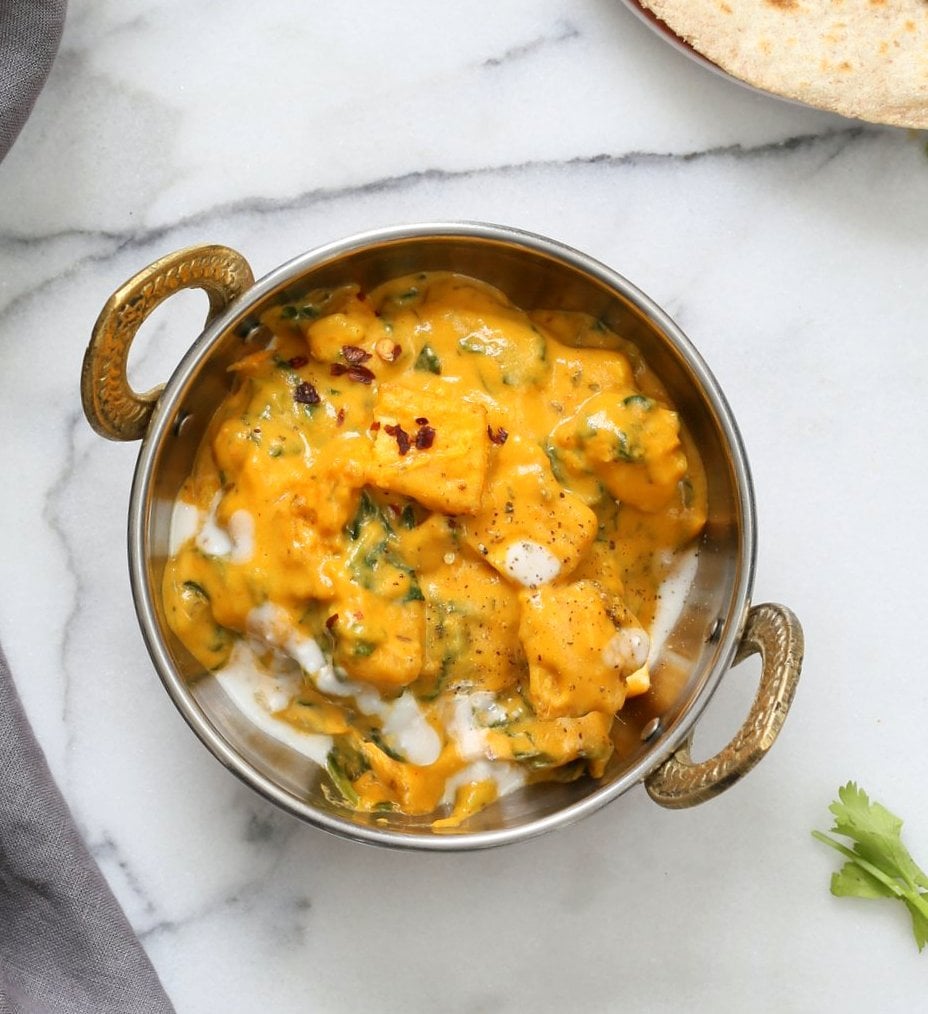 Methi Malai Paneer made vegan with Tofu and cashews. Easy Weeknight Restaurant style Indian main. Serve over Naan or rice. Vegan Gluten-free Recipe. Soy-free option | VeganRicha.com