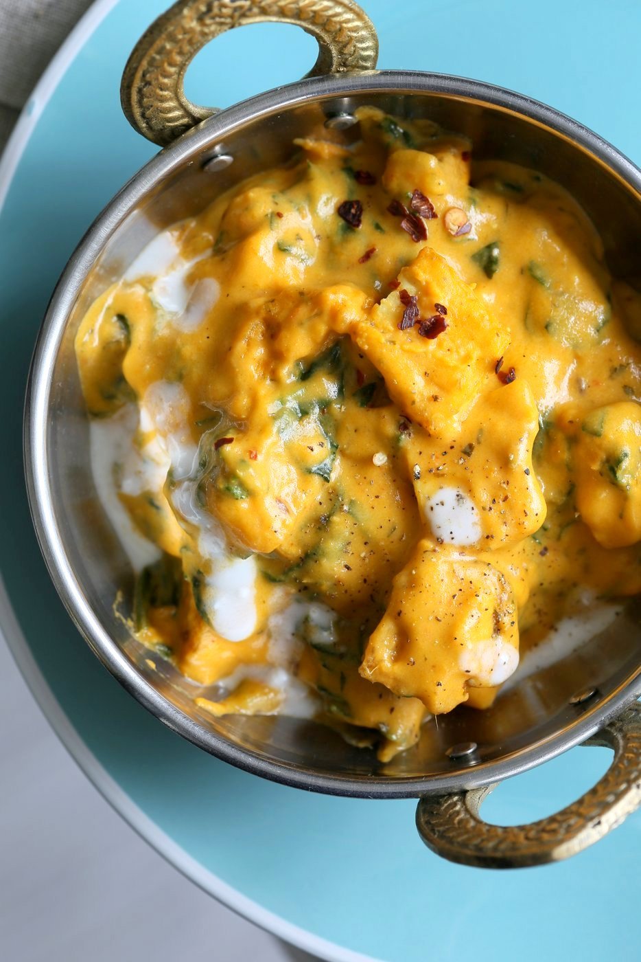 Methi Malai Paneer made vegan with Tofu and cashews. Easy Weeknight Restaurant style Indian main. Serve over Naan or rice. Vegan Gluten-free Recipe. Soy-free option | VeganRicha.com