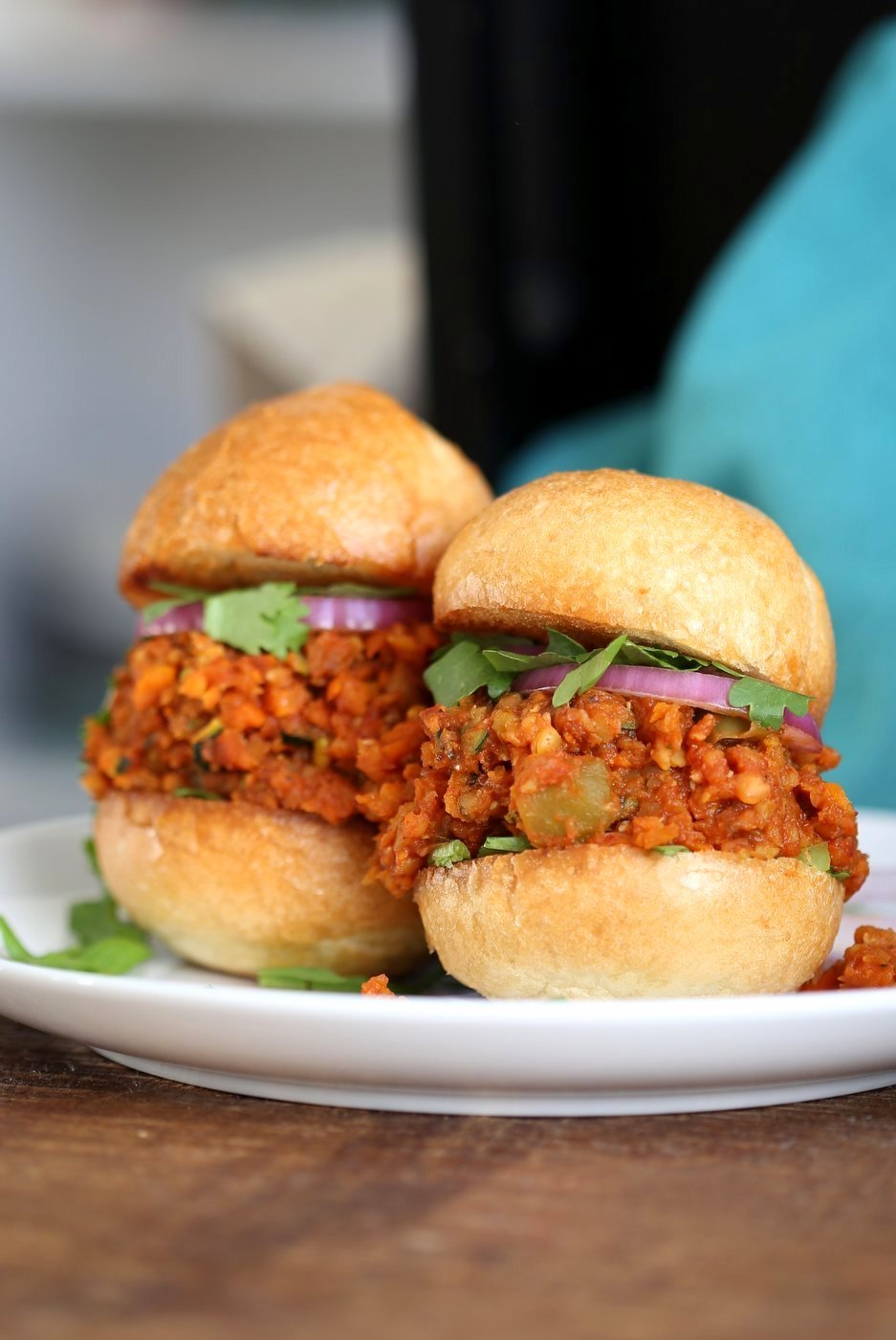 Smoky Vegan Sloppy Joes with Cajun Spices. Easy Red Lentil Carrot Zucchini Sloppy mix. Serve between soft buns, dinner rolls, pita pockets or tacos. Vegan Nut-free Recipe. Soy free option. Easily Gluten-free. | VeganRicha.com