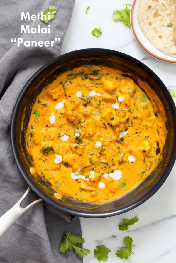 Methi Malai Paneer made vegan with Tofu and cashews. Easy Weeknight Restaurant style Indian main. Serve over Naan or rice. Vegan Gluten-free Recipe. Soy-free option | VeganRicha.com #glutenfree #veganricha #vegan