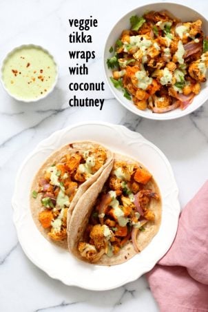Cauliflower Sweet Potato Tikka Wraps with Coconut Chutney