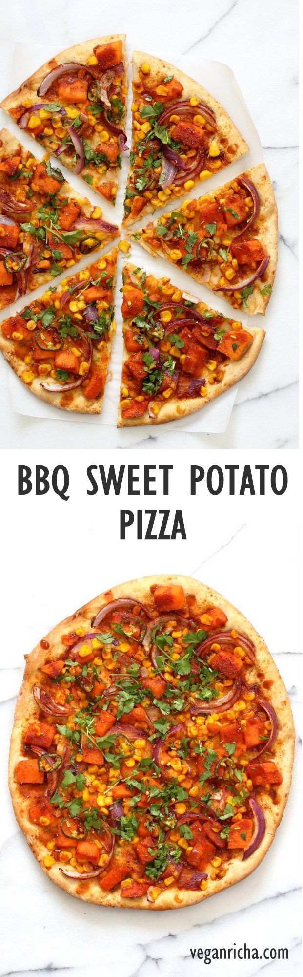 BBQ Sweet Potato Pizza. Easy Summer Pizza with Sweet Potato, Corn, Jalapeno tossed in homemade BBQ Seasoning and dressed in Barbecue sauce. Grill or bake or make into a quesadilla. Vegan Nut-free Barbecue Pizza Recipe. Soy-free Gluten-free option | VeganRicha.com
