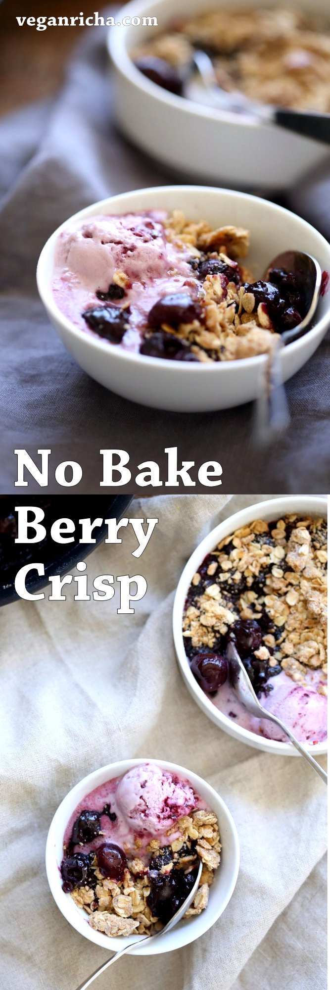 No Bake Vegan Cherry Blueberry Crisp. 20 Minute 1 Pot Berry Crisp. Seasonal Berries cooked to a compote and topped with Toasted Crisp Oat crumble. Serve with favorite ice cream. Vegan Recipe. Can be gluten-free, nut-free | VeganRicha.com