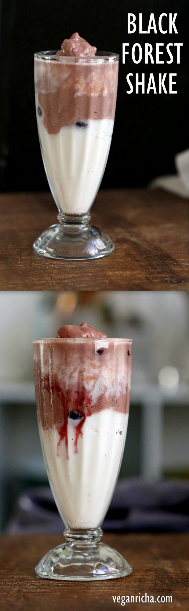 Black Forest Shake. Summer Ice cream shake with layers of vanilla and chocolate shake with cherry compote. Vegan Gluten-free Recipe. Can be nut-free. | VeganRicha.com
