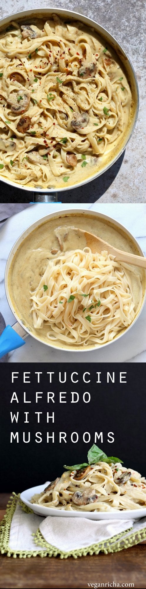 The Best Vegan Mushroom Garlic Alfredo with no nuts. Garlicky, Creamy, Amazing Vegan Fettuccine Alfredo. 21 gm of protein per serving! Nut-free, Easily Gluten-free, soy-free. | VeganRicha.com