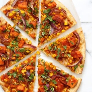 BBQ Sweet Potato Pizza. Easy Summer Pizza with Sweet Potato, Corn, Jalapeno and Barbecue sauce. Grill or bake or make into a quesadilla. Vegan Nut-free Recipe. Soy-free Gluten-free option | VeganRicha.com