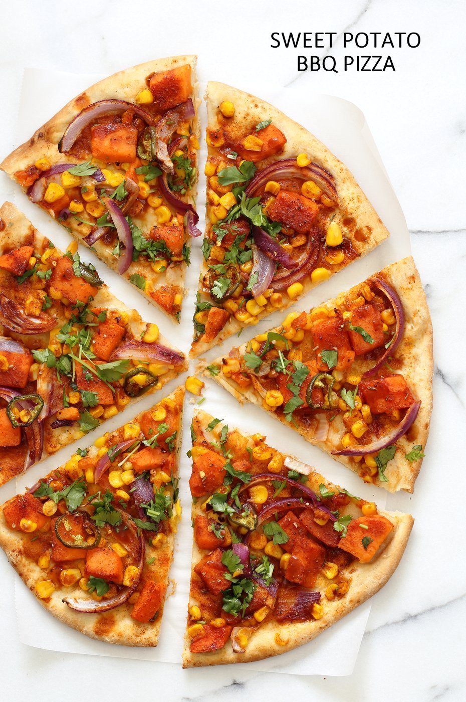 BBQ Sweet Potato Pizza. Easy Summer Pizza with Sweet Potato, Corn, Jalapeno tossed in homemade BBQ Seasoning and dressed in Barbecue sauce. Grill or bake or make into a quesadilla. Vegan Nut-free Recipe. Soy-free Gluten-free option | VeganRicha.com