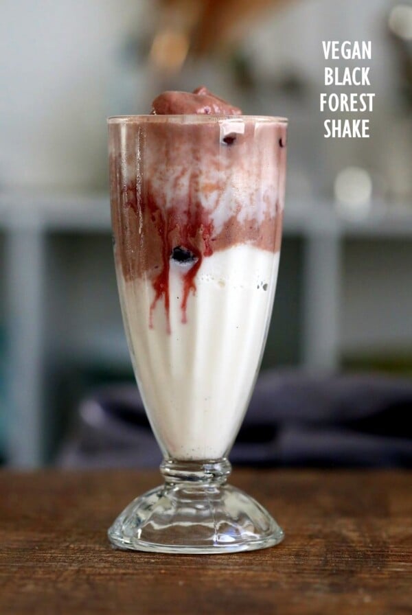 Black Forest Shake. Summer Ice cream shake with layers of vanilla and chocolate shake with cherry compote. Vegan Gluten-free Recipe. Can be nut-free. | VeganRicha.com