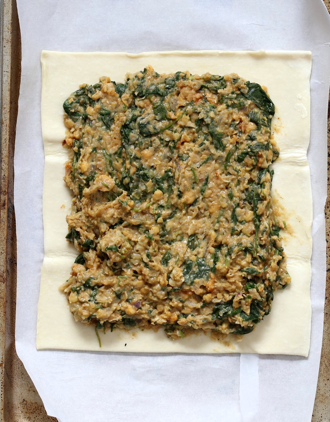 Chickpea Spinach Pie with Berbere Spice. Easy Chickpea Spinach Pastry for holidays and company with vegan puff pastry. Use spices or blends of choice. Use lentils for variation. Vegan Soy-free Nut-free Recipe.  | VeganRicha.com