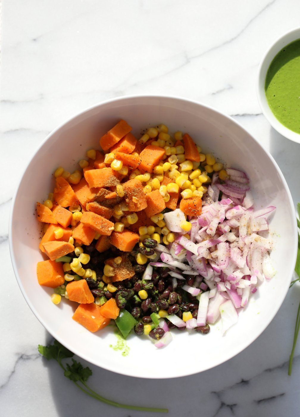 Summer Black Bean Salad with Sweet Potato, Corn, Peppers and Chimichurri Dressing. Vegan Gluten-free Nut-free Soy-free Recipe | VeganRicha.com