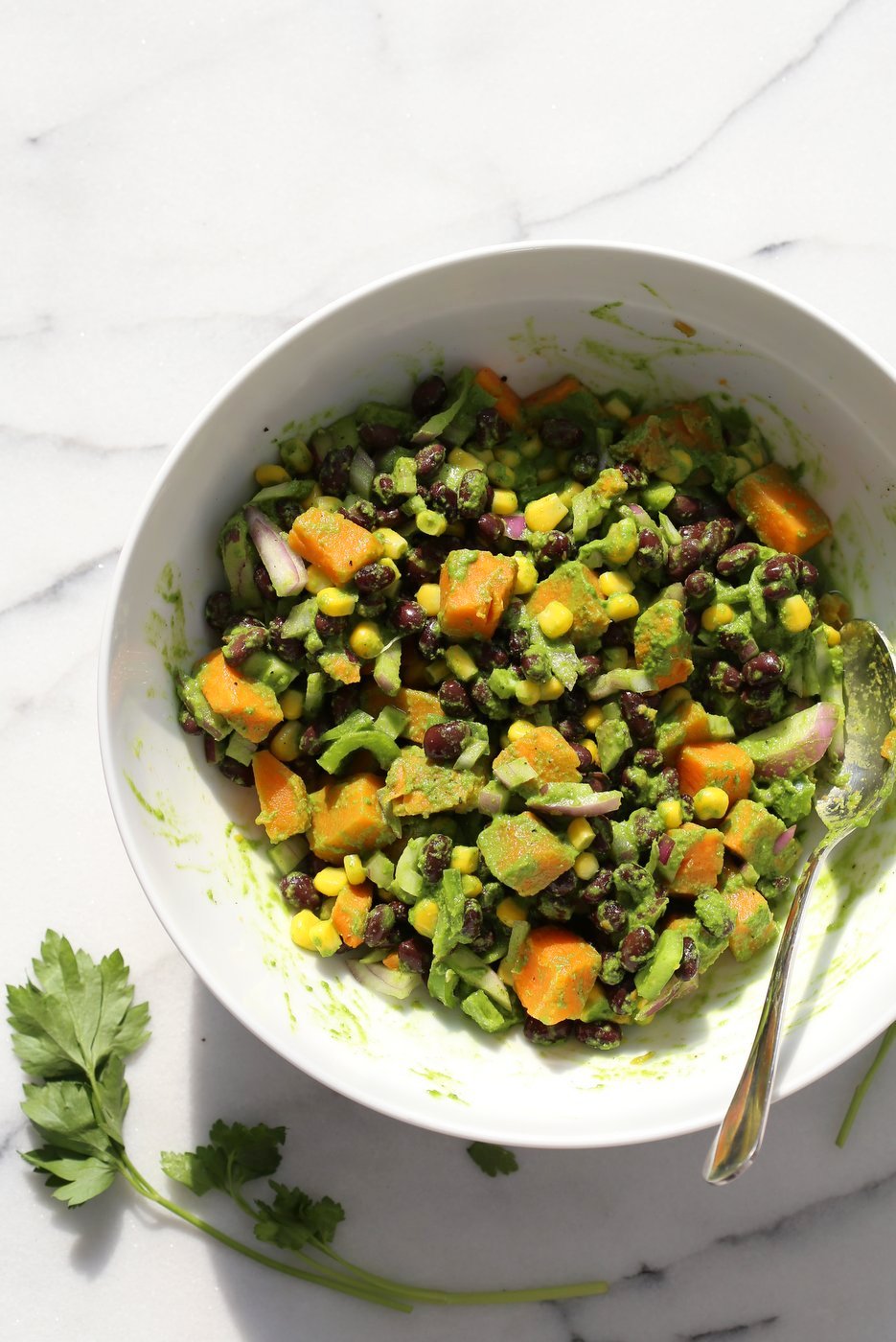 Summer Black Bean Salad with Sweet Potato, Corn, Peppers and Chimichurri Dressing. Vegan Gluten-free Nut-free Soy-free Recipe | VeganRicha.com