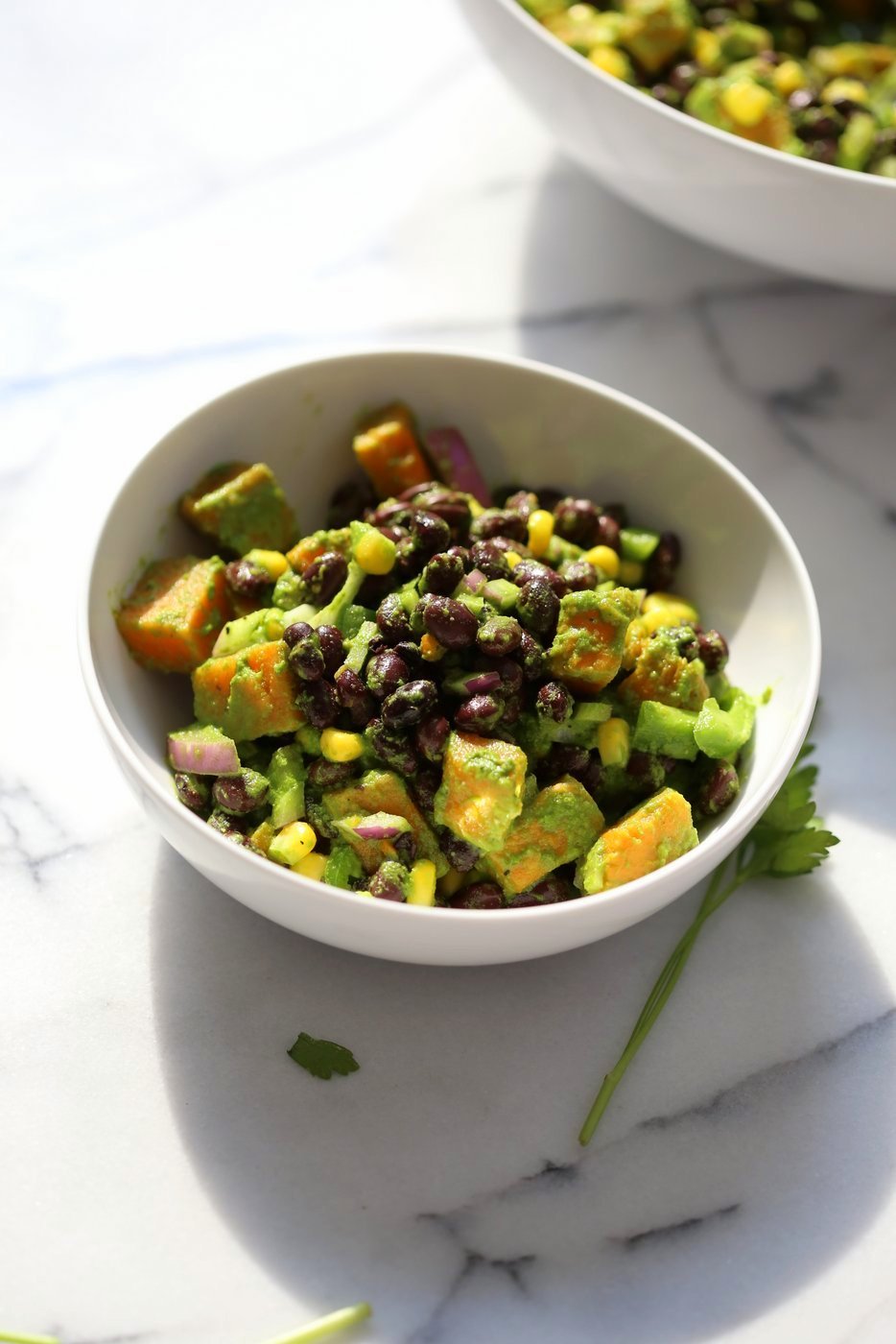 Summer Black Bean Salad with Sweet Potato, Corn, Peppers and Chimichurri Dressing. Vegan Gluten-free Nut-free Soy-free Recipe | VeganRicha.com