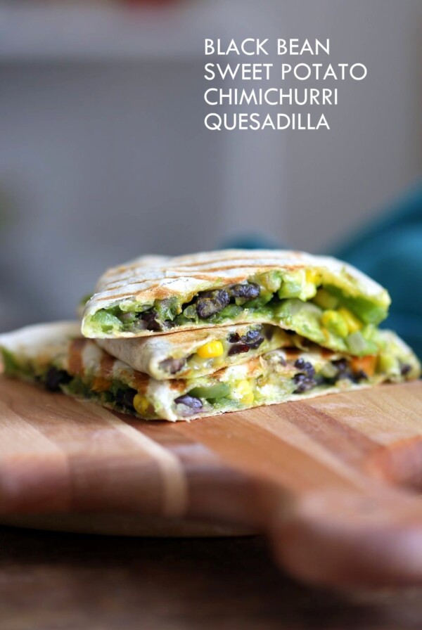 Chimichurri Sweet Potato Black Bean Quesadilla - 10 minute Grilled Quesadillas with Beans. Roasted Sweet Potatoes, Peppers and Chimichurri. #Vegan #Nutfree #Soyfree #Recipe. Can be #Glutenfree #veganricha ! VeganRicha.com