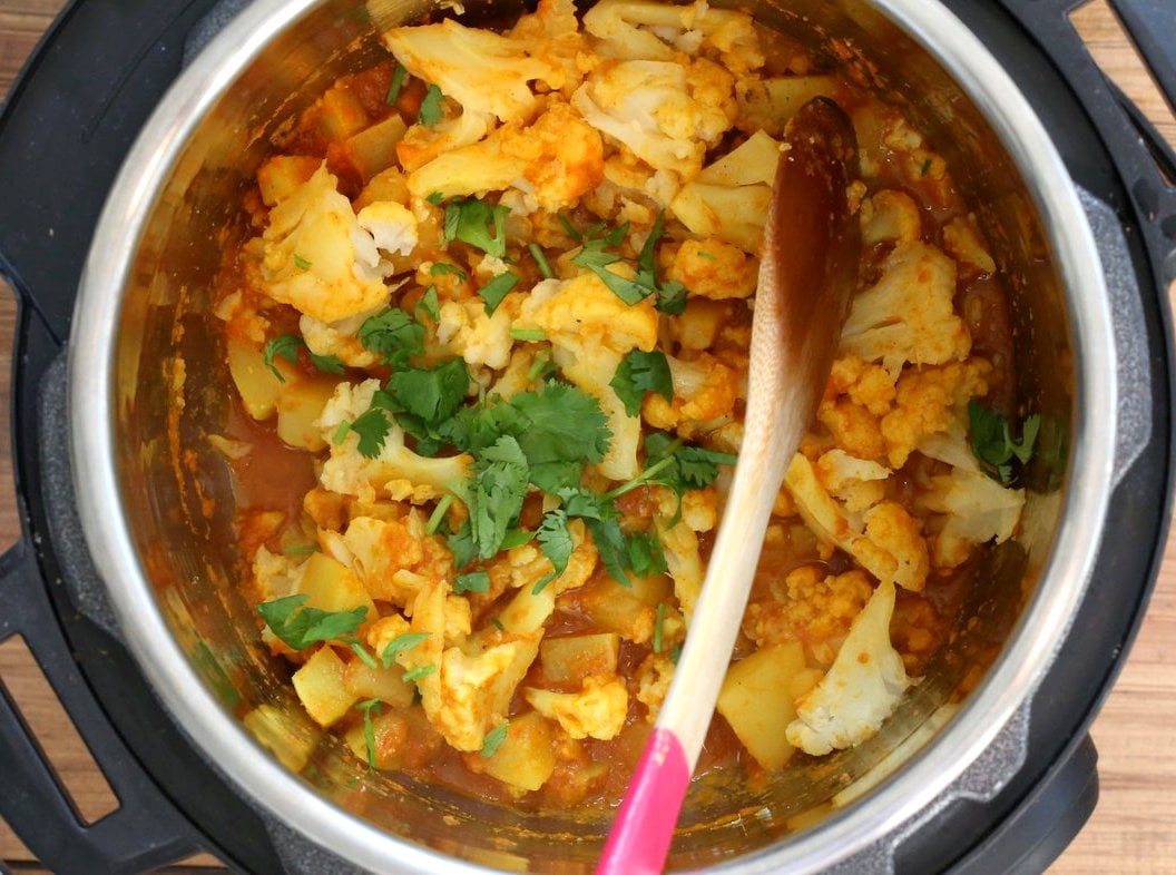 Instant Pot Aloo Gobi - Curried Potato Cauliflower. 1 Pot Aloo Gobhi. Indian Gobi Aloo Masala. Vegan Gluten-free Soy-free Nut-free Recipe | VeganRicha.com