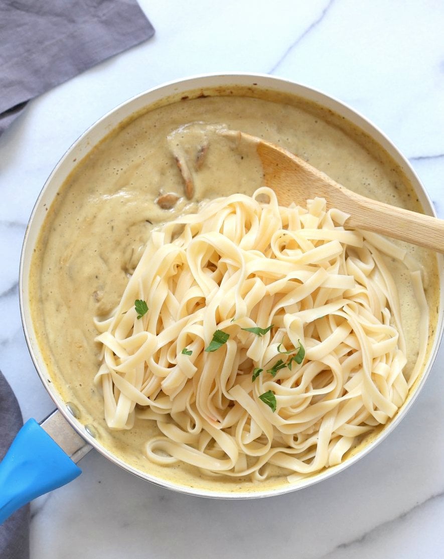 The Best Vegan Mushroom Garlic Alfredo with no nuts. Garlicky, Creamy, Amazing Vegan Fettuccine Alfredo. Nut-free, Easily Gluten-free, soy-free. | VeganRicha.com