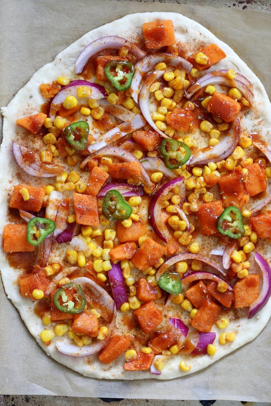 BBQ Sweet Potato Pizza. Easy Summer Pizza with Sweet Potato, Corn, Jalapeno and Barbecue sauce. Grill or bake or make into a quesadilla. Vegan Nut-free Recipe. Soy-free Gluten-free option | VeganRicha.com