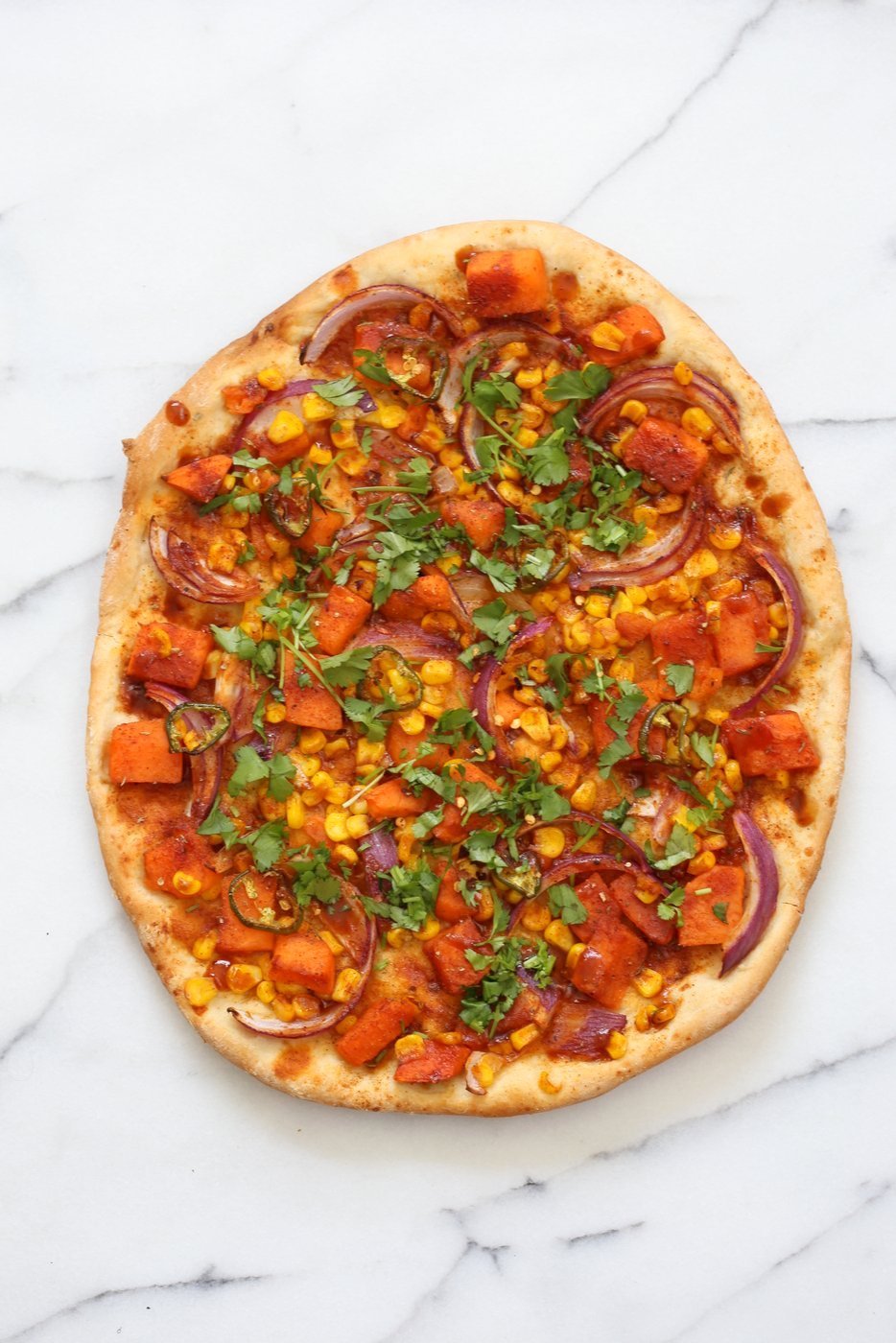 BBQ Sweet Potato Pizza. Easy Summer Pizza with Sweet Potato, Corn, Jalapeno and Barbecue sauce. Grill or bake or make into a quesadilla. Vegan Nut-free Recipe. Soy-free Gluten-free option | VeganRicha.com