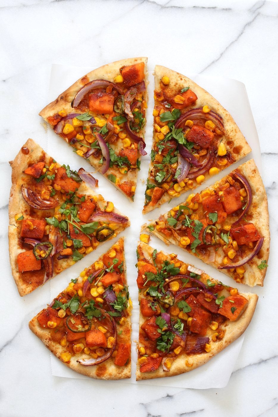 BBQ Sweet Potato Pizza. Easy Summer Pizza with Sweet Potato, Corn, Jalapeno and Barbecue sauce. Grill or bake or make into a quesadilla. Vegan Nut-free Recipe. Soy-free Gluten-free option | VeganRicha.com