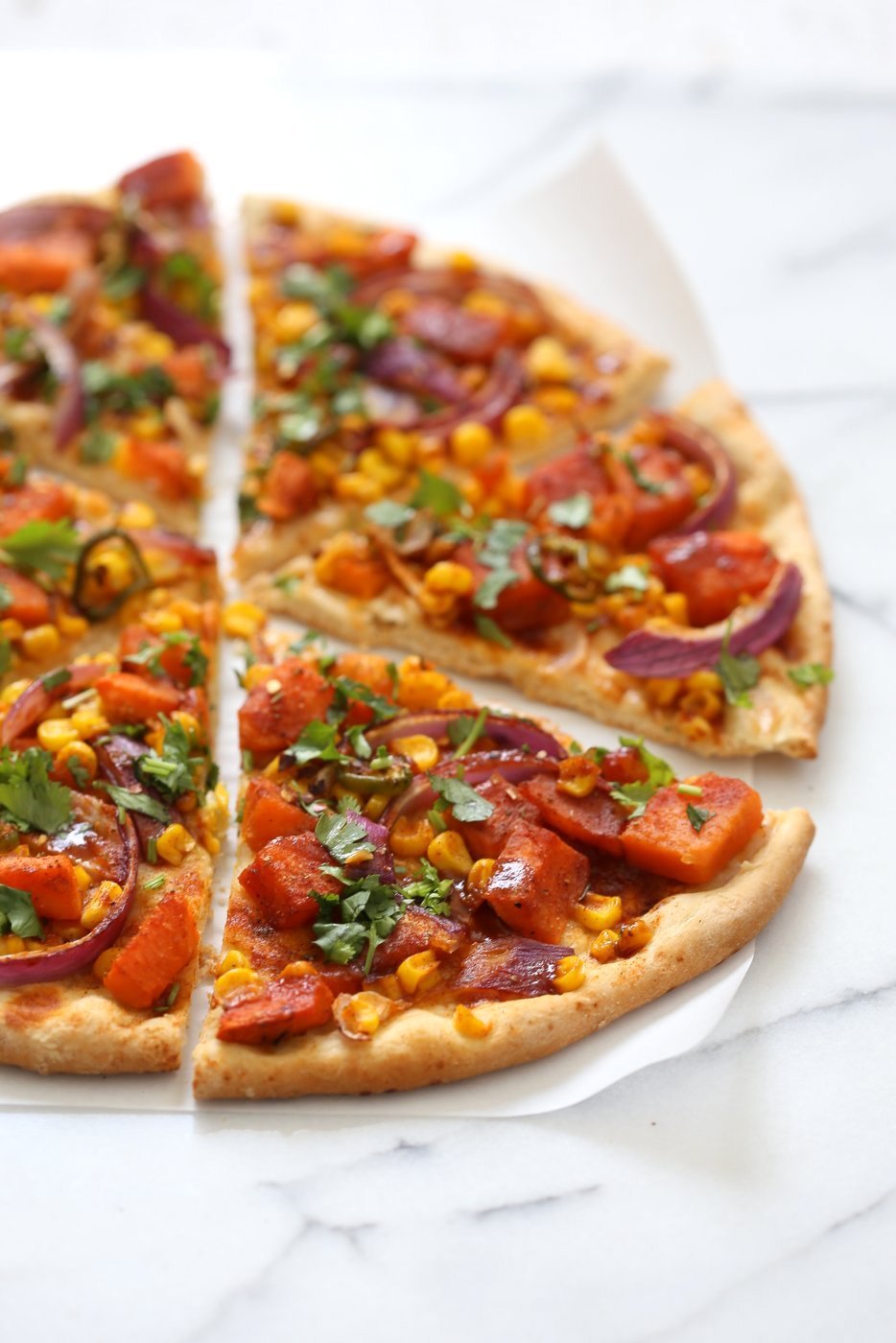 BBQ Sweet Potato Pizza. Easy Summer Pizza with Sweet Potato, Corn, Jalapeno and Barbecue sauce. Grill or bake or make into a quesadilla. Vegan Nut-free Recipe. Soy-free Gluten-free option | VeganRicha.com