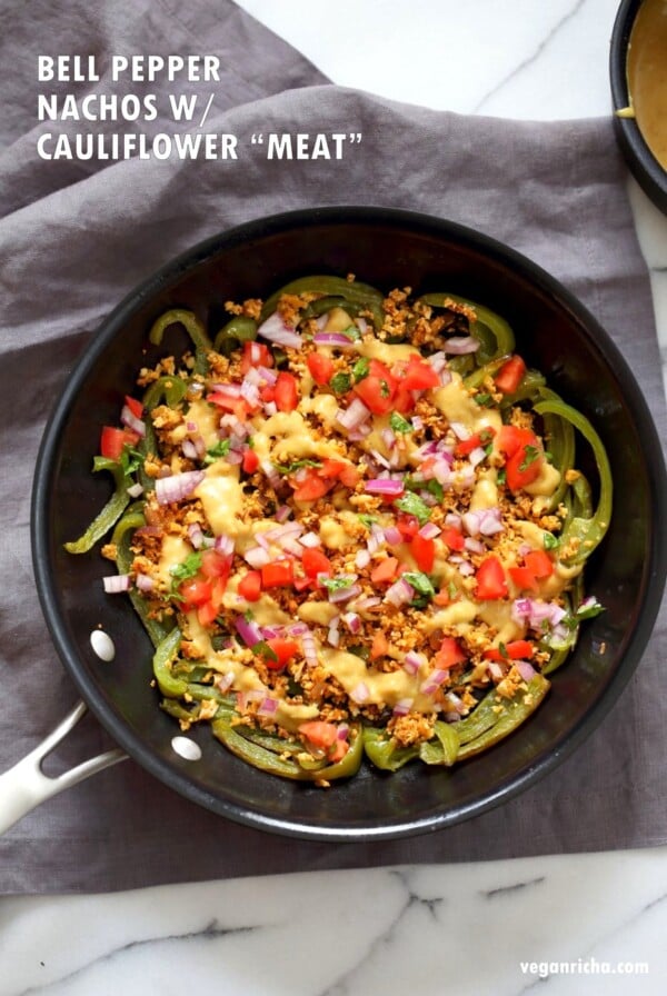 Vegan Bell Pepper Nachos with Cauliflower Taco Meat & 10 minute Vegan Nacho Cheese Sauce. Veggie full Nachos! Vegan Gluten-free Grain-free Soy-free Nut-free Recipe | VeganRicha.com
