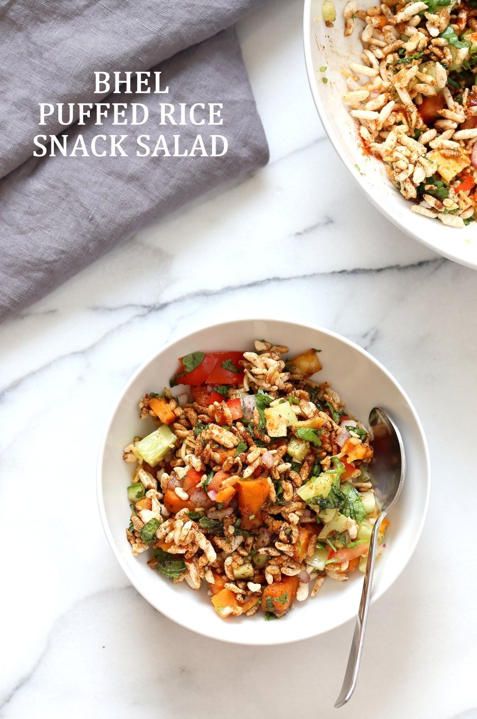 Sweet Potato Bhel Recipe - Indian Street Food style Snack Salad with sweet potato and Mint and Tamarind Chutney. Puffed Rice tossed with cooked sweet potato, nuts, onion, cucumber and tomato and dressed in chopped mint and 5 minute Tamarind Chutney. Vegan Bhel Puri Recipe. Can be glutenfree and nutfree.| VeganRicha.com