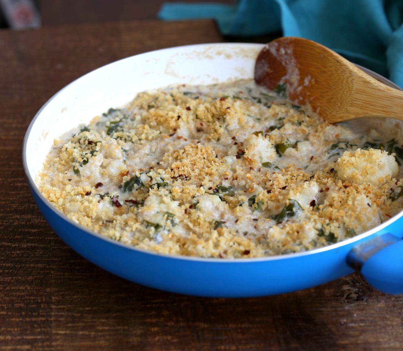 Vegan Cauliflower Gratin - Creamy, Spiced Cauliflower Casserole. No Bake Skillet Gratin or Bake with a garlic breadcrumb topping. Vegan Soy-free Recipe, Can be gluten-free and nut-free. | VeganRicha.com