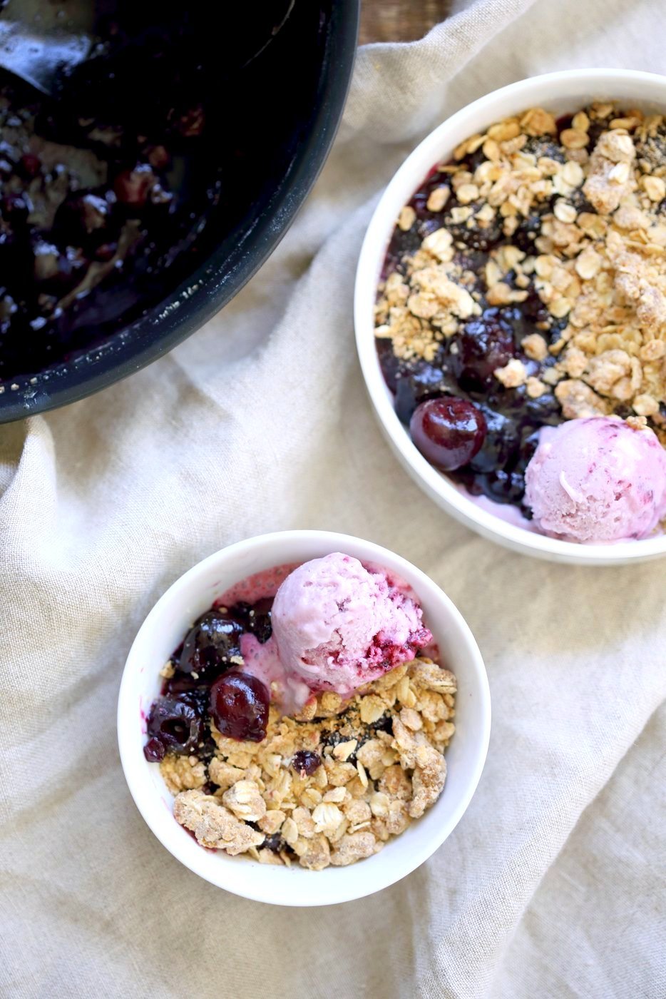 Easy 1 Pot No Bake Cherry Blueberry Crisp. Seasonal Berries cooked to a compote and topped with Toasted Crisp Oat crumble. Serve with favorite ice cream. Vegan Recipe. Can be gluten-free, nut-free | VeganRicha.com