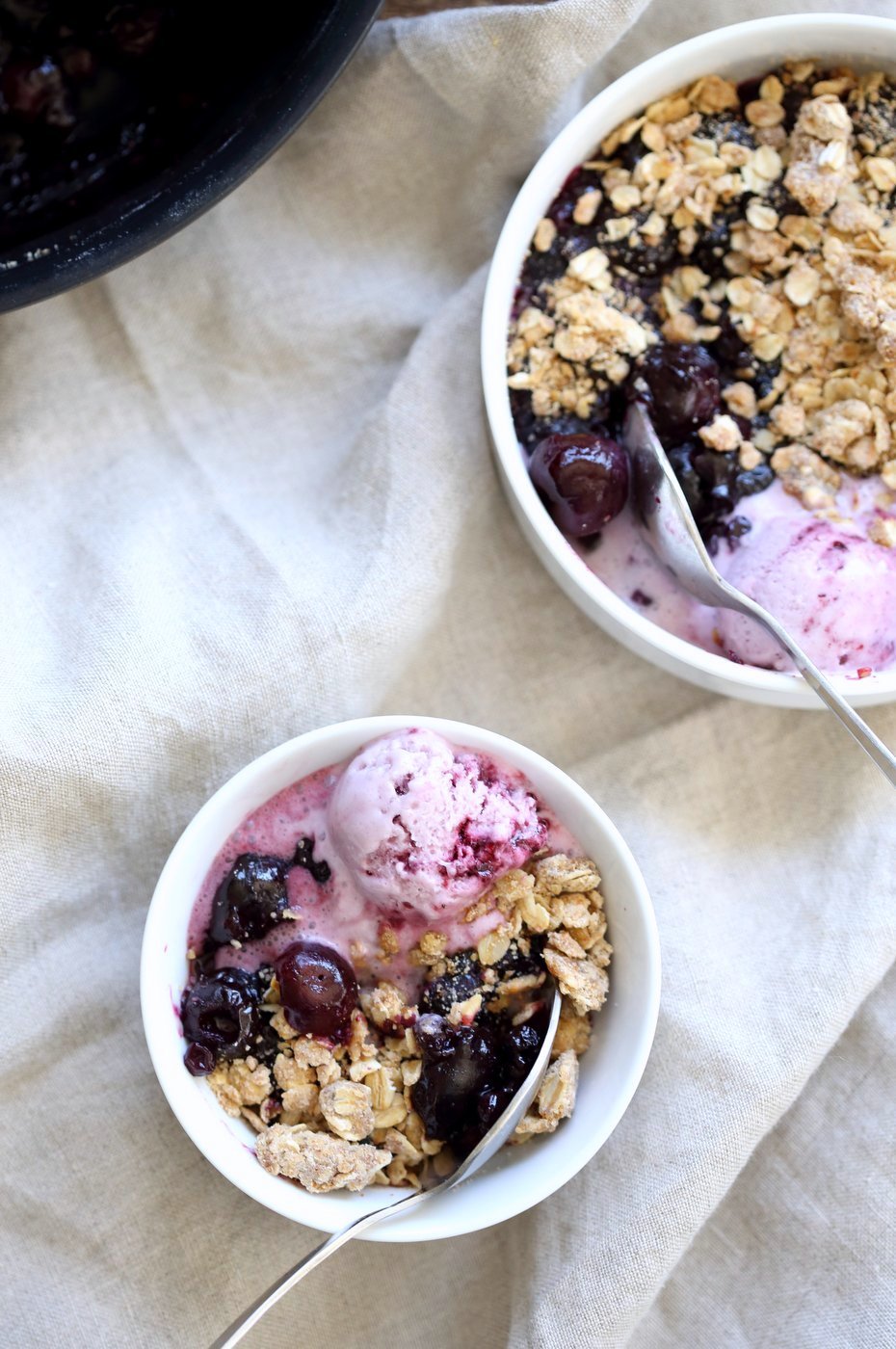 Easy 1 Pot No Bake Cherry Blueberry Crisp. Seasonal Berries cooked to a compote and topped with Toasted Crisp Oat crumble. Serve with favorite ice cream. Vegan Recipe. Can be gluten-free, nut-free | VeganRicha.com