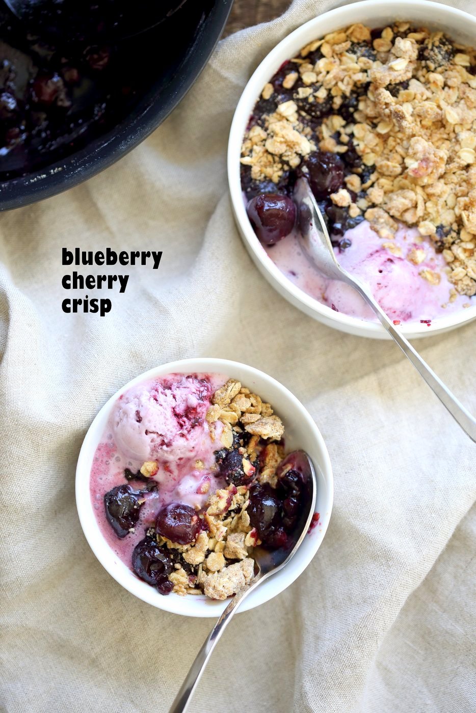 Easy 1 Pot No Bake Cherry Blueberry Crisp. Seasonal Berries cooked to a compote and topped with Toasted Crisp Oat crumble. Serve with favorite ice cream. Vegan Recipe. Can be gluten-free, nut-free | VeganRicha.com