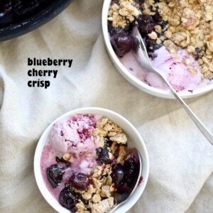 Easy 1 Pot No Bake Cherry Blueberry Crisp. Seasonal Berries cooked to a compote and topped with Toasted Crisp Oat crumble. Serve with favorite ice cream. Vegan Recipe. Can be gluten-free, nut-free | VeganRicha.com