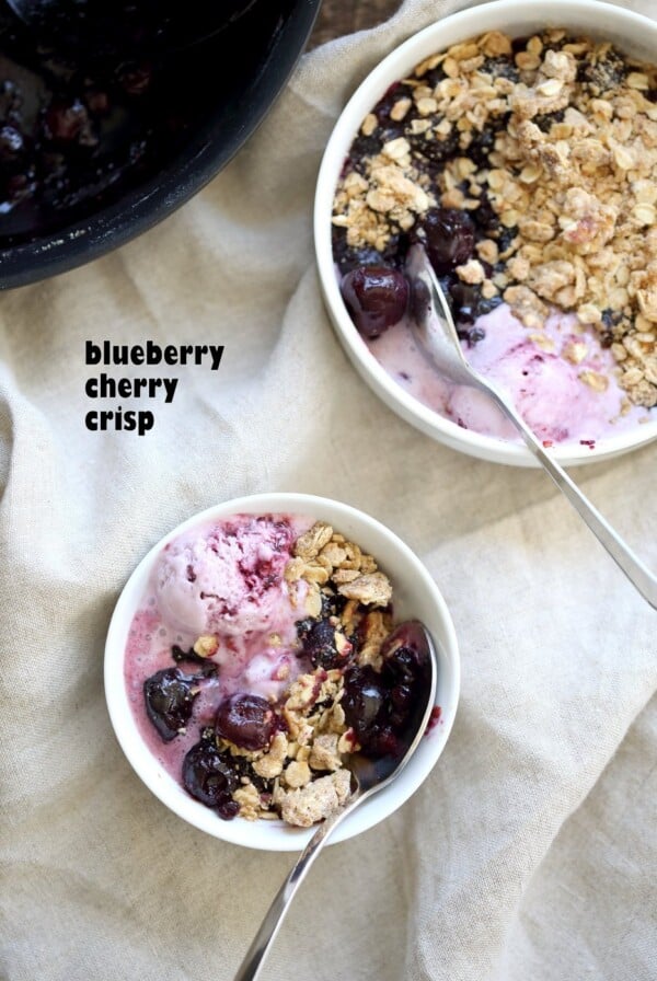 Easy 1 Pot No Bake Cherry Blueberry Crisp. Seasonal Berries cooked to a compote and topped with Toasted Crisp Oat crumble. Serve with favorite ice cream. Vegan Recipe. Can be gluten-free, nut-free | VeganRicha.com