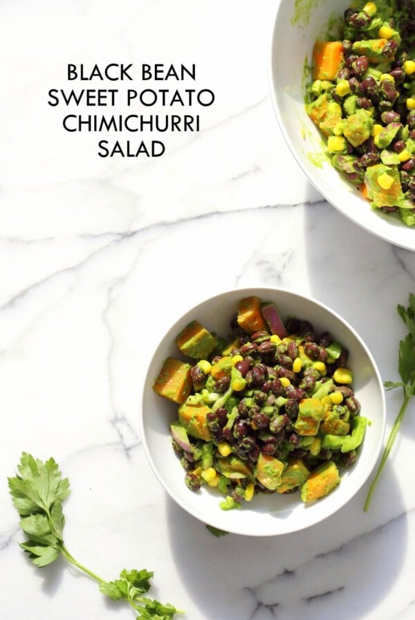 Summer Black Bean Salad with Sweet Potato, Corn, Peppers and Chimichurri Dressing. Vegan Gluten-free Nut-free Soy-free Recipe | VeganRicha.com