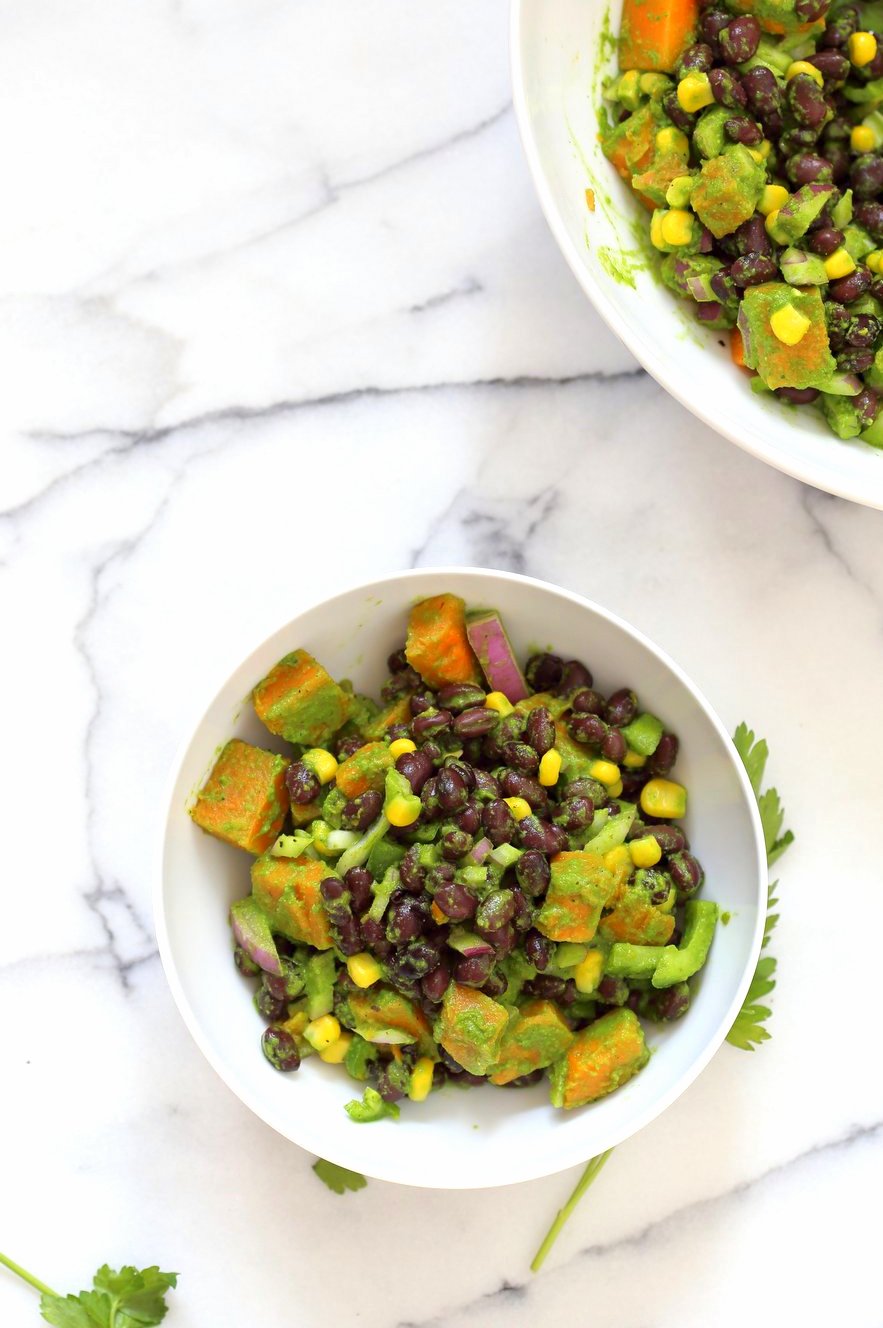 Summer Black Bean Salad with Sweet Potato, Corn, Peppers and Chimichurri Dressing. Vegan Gluten-free Nut-free Soy-free Recipe | VeganRicha.com