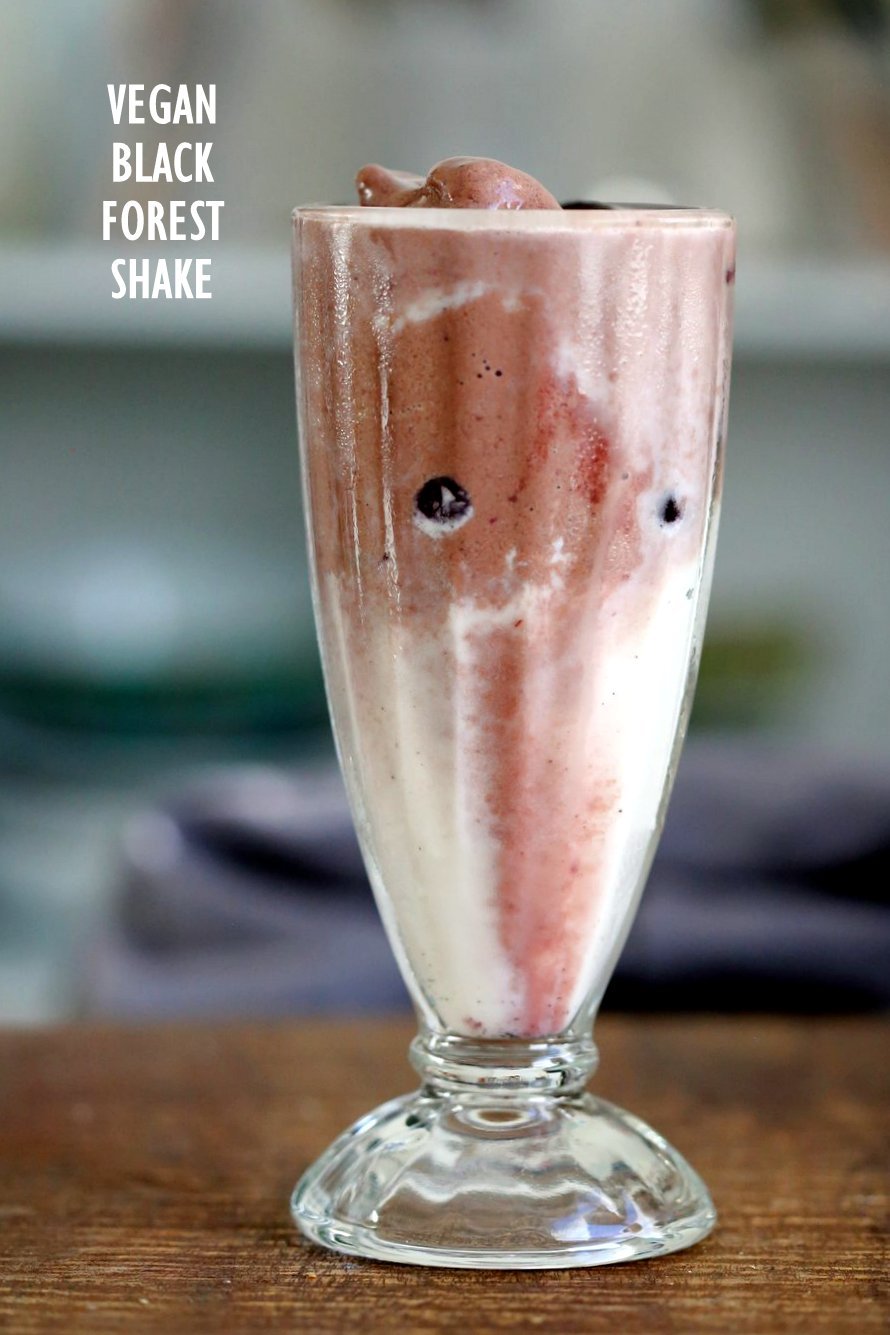 Black Forest Shake. Summer Ice cream shake with layers of vanilla and chocolate shake with cherry compote. Vegan Gluten-free Recipe. Can be nut-free. | VeganRicha.com