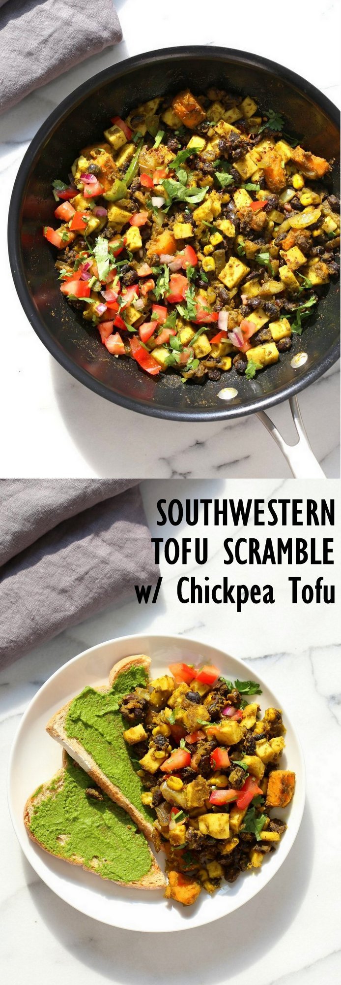 Southwestern Tofu Scramble with Chickpea Tofu. Scrambled Tofu without Soy tofu! Soy-free Breakfast Scramble with Black beans, Veggies, Sweet Potatoes, Spices, Chickpea flour Tofu. Double Protein Savory Vegan Breakfast. Gluten-free Soy-free Nut-free  | VeganRicha.com