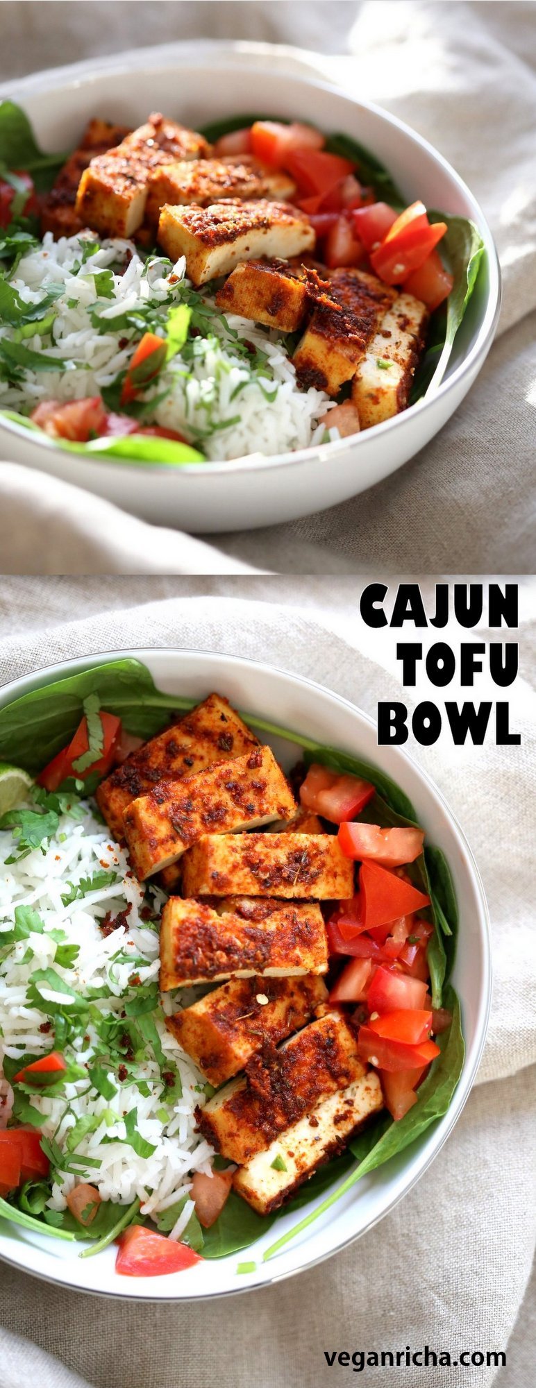 Cajun Tofu with Cilantro Lime Rice. Baked Cajun Spiced Tofu, over greens, cilantro lime rice, and tomatoes. Easy Spicy Bowl. Vegan Gluten-free Nut-free Recipe. Use Chickpea tofu to make soy-free. | VeganRicha.com