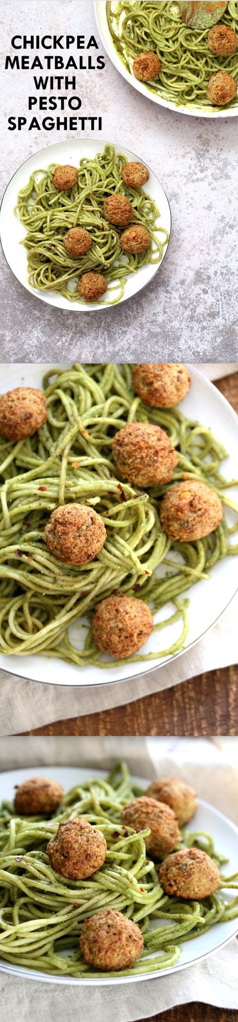 Amazing Pesto Spaghetti with Vegan Meatballs made with Chickpeas. 24 Gm of Protein per Serve. Vegetarian Chickpea Walnut "meatballs" over pesto pasta. Ready in 40 Minutes. Vegan Soyfree Recipe. Can be Glutenfree | VeganRicha.com