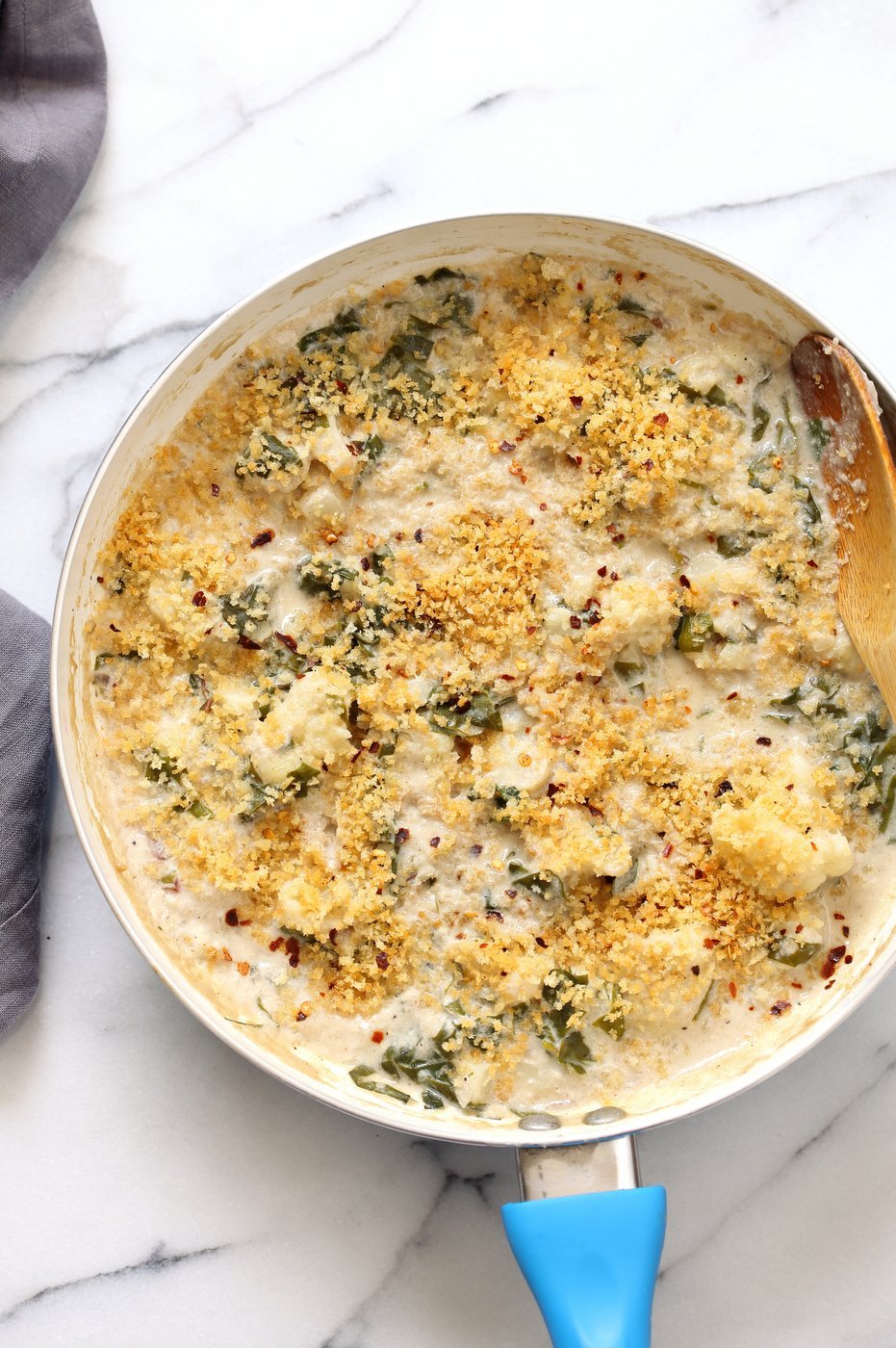 Vegan Cauliflower Gratin - Creamy, Spiced Cauliflower Casserole. No Bake Skillet Gratin or Bake with a garlic breadcrumb topping. Vegan Soy-free Recipe, Can be gluten-free and nut-free. | VeganRicha.com