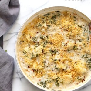 Vegan Cauliflower Gratin - Creamy, Spiced Cauliflower Casserole. No Bake Skillet Gratin or Bake with a garlic breadcrumb topping. Vegan Soy-free Recipe, Can be gluten-free and nut-free. | VeganRicha.com