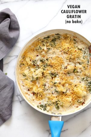 Vegan Cauliflower Gratin - Creamy, Spiced Cauliflower Casserole. No Bake Skillet Gratin or Bake with a garlic breadcrumb topping. Vegan Soy-free Recipe, Can be gluten-free and nut-free. | VeganRicha.com