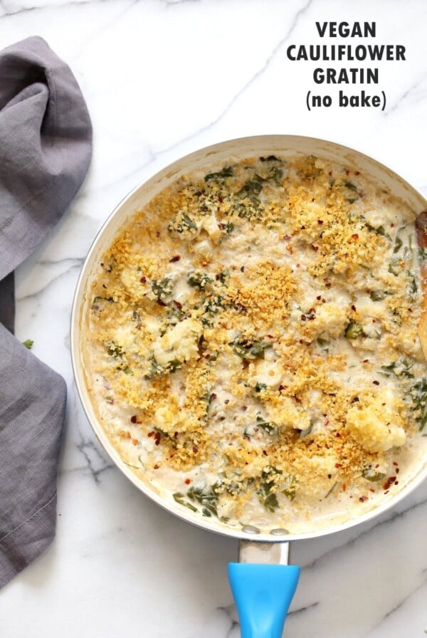 Vegan Cauliflower Gratin - Creamy, Spiced Cauliflower Casserole. No Bake Skillet Gratin or Bake with a garlic breadcrumb topping. Vegan Soy-free Recipe, Can be gluten-free and nut-free. | VeganRicha.com