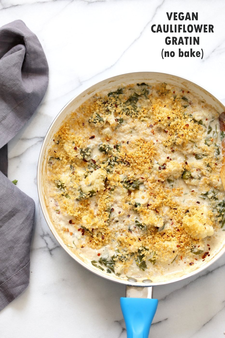 Vegan Cauliflower Gratin - Creamy, Spiced Cauliflower Casserole. No Bake Skillet Gratin or Bake with a garlic breadcrumb topping. Vegan Soy-free Recipe, Can be gluten-free and nut-free. | VeganRicha.com
