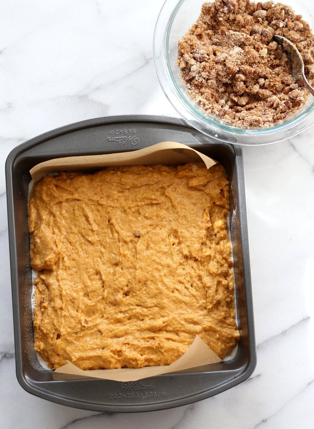 Vegan Pumpkin Coffee Cake with Pecan Crumb. Easy 1 Bowl Pumpkin Cake, topped with Chai Spice Pecan Streusel. Just 15 mins prep. Soft, Spiced, Delicious. Vegan Soy-free Recipe.  | VeganRicha.com
