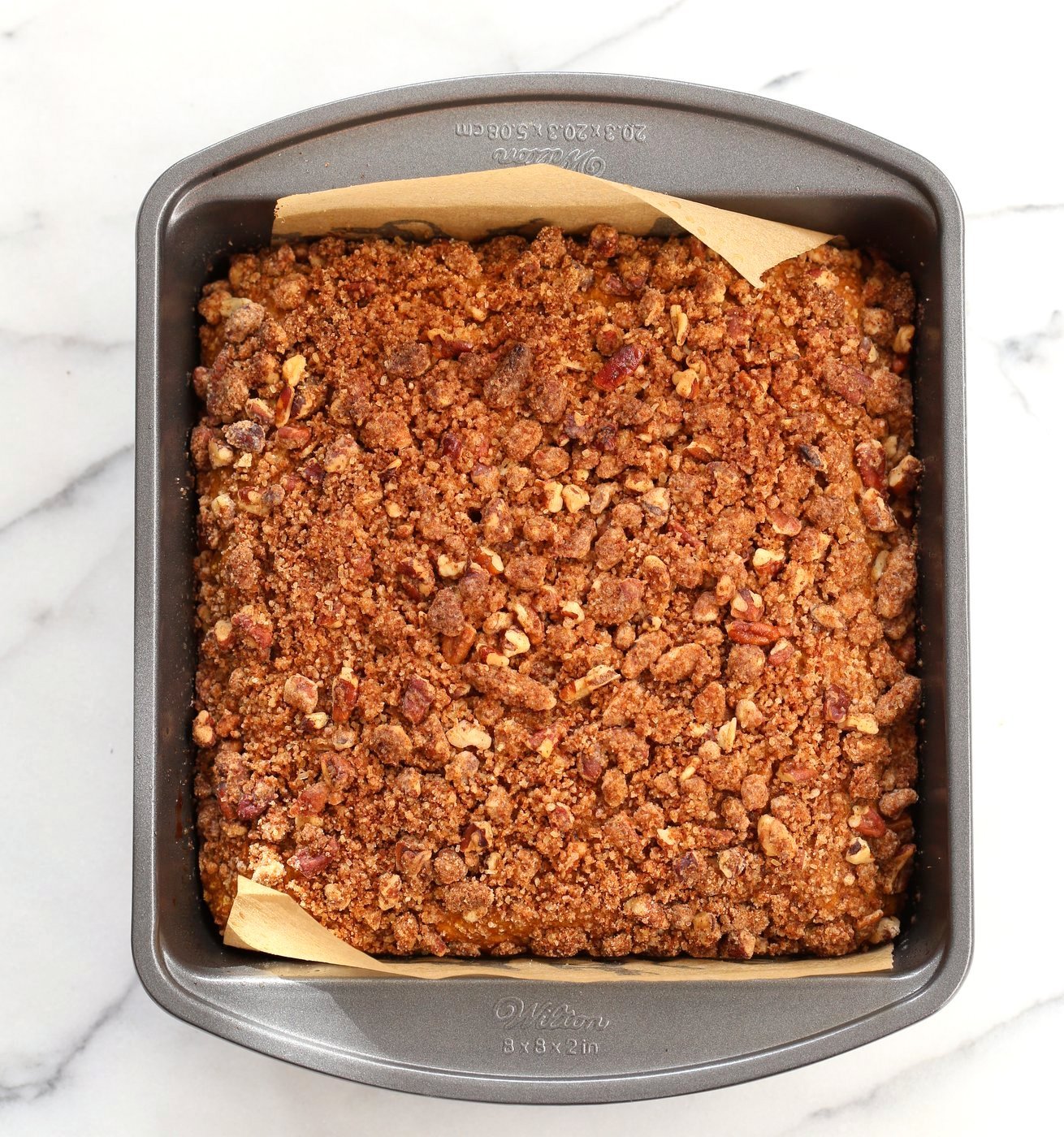 Vegan Pumpkin Coffee Cake with Pecan Crumb. Easy 1 Bowl Pumpkin Cake, topped with Chai Spice Pecan Streusel. Just 15 mins prep. Soft, Spiced, Delicious. Vegan Soy-free Recipe.  | VeganRicha.com