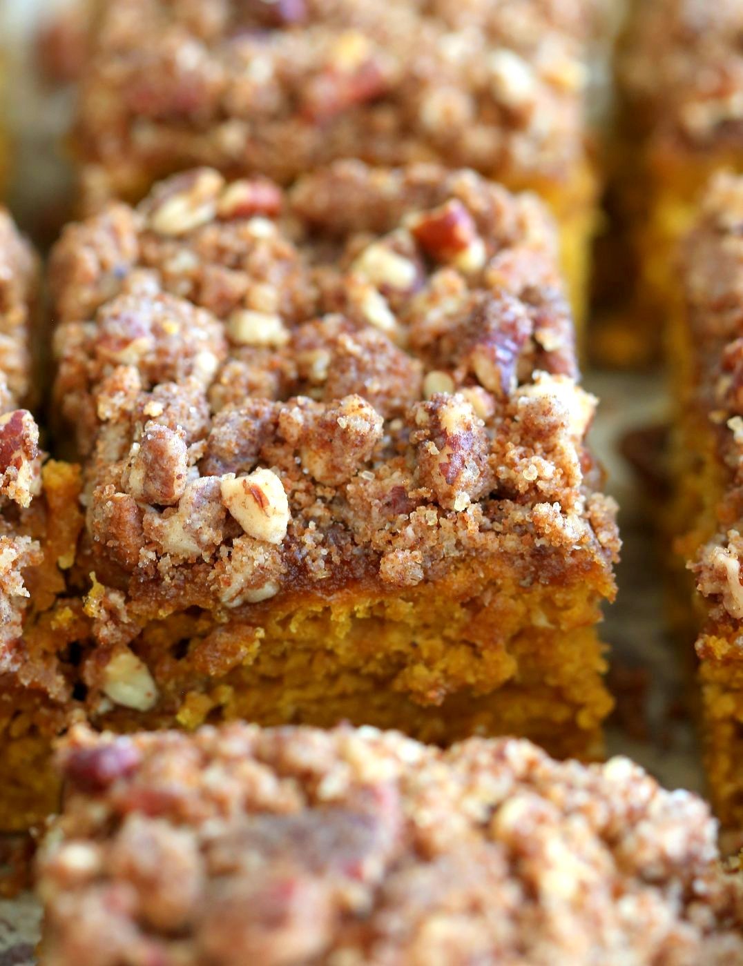 Vegan Pumpkin Coffee Cake with Pecan Crumb. Easy 1 Bowl Pumpkin Cake, topped with Chai Spice Pecan Streusel. Just 15 mins prep. Soft, Spiced, Delicious. Vegan Soy-free Recipe.  | VeganRicha.com