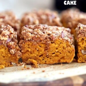 Vegan Pumpkin Coffee Cake with Pecan Crumb. Easy 1 Bowl Pumpkin Cake, topped with Chai Spice Pecan Streusel. Just 15 mins prep. Soft, Spiced, Delicious. Vegan Soy-free Recipe. | VeganRicha.com