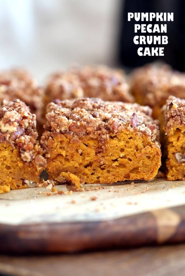 Vegan Pumpkin Coffee Cake with Pecan Crumb. Easy 1 Bowl Pumpkin Cake, topped with Chai Spice Pecan Streusel. Just 15 mins prep. Soft, Spiced, Delicious. Vegan Soy-free Recipe. | VeganRicha.com