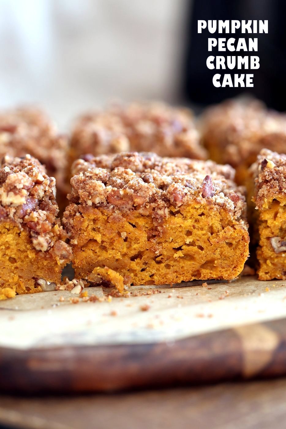 Vegan Pumpkin Coffee Cake with Pecan Crumb. Easy 1 Bowl Pumpkin Cake, topped with Chai Spice Pecan Streusel. Just 15 mins prep. Soft, Spiced, Delicious. #Vegan #Soyfree #Recipe #veganricha | VeganRicha.com